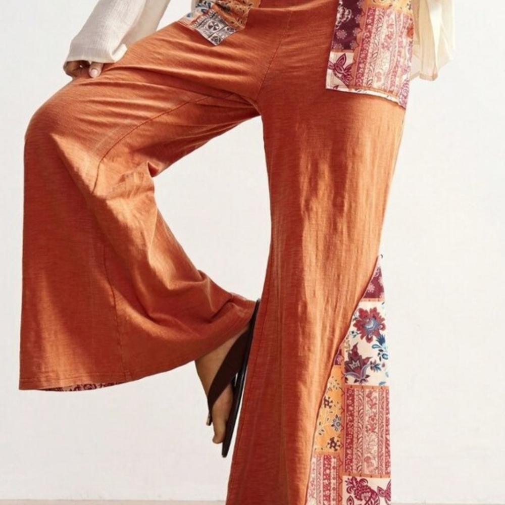 Orange Boho Women's Casual Knit Patchwork Flare Washed Pants - Picture 3 of 8